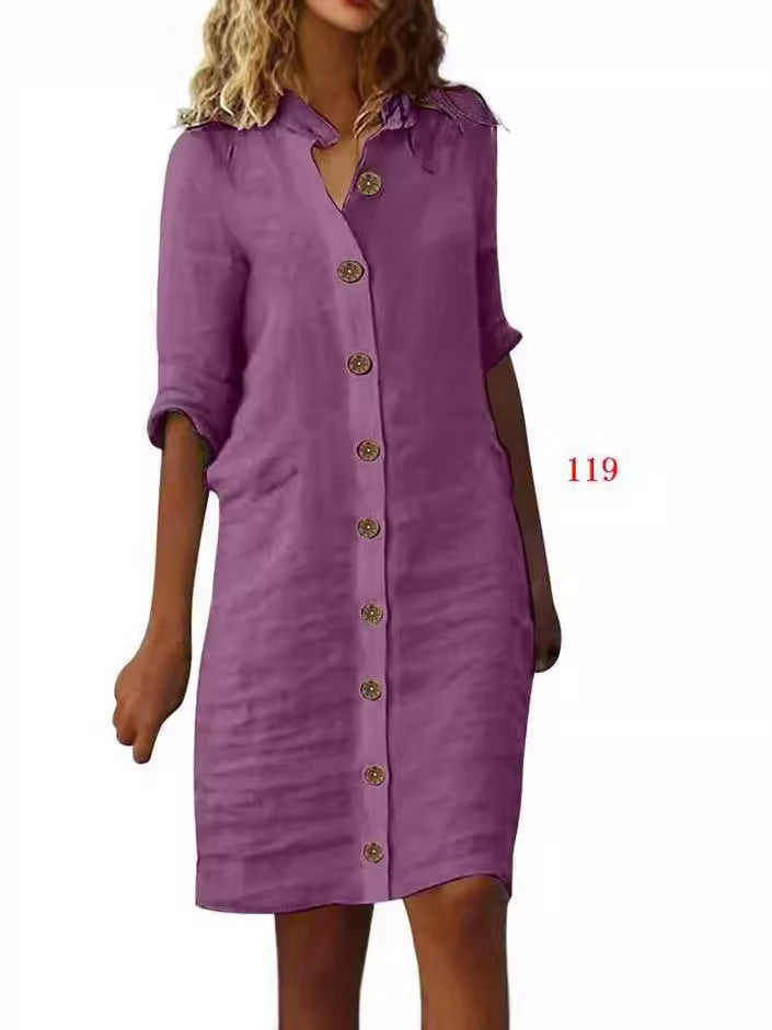 Shirt Dress with Collar and Round Buckle