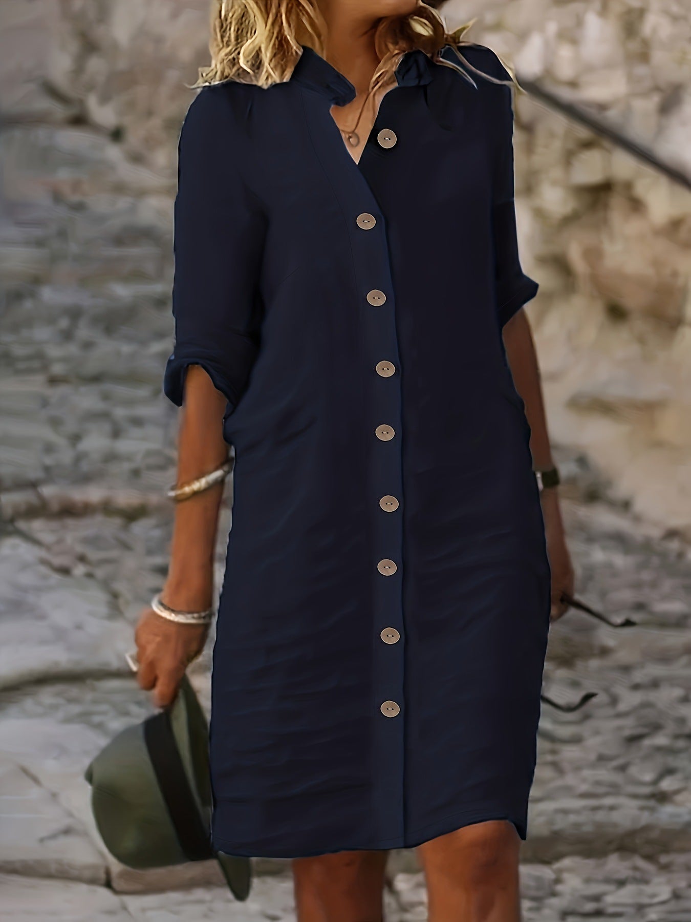 Shirt Dress with Collar and Round Buckle