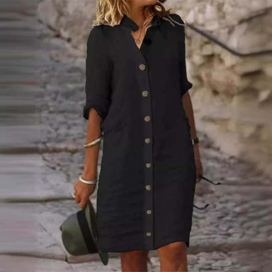 Shirt Dress with Collar and Round Buckle