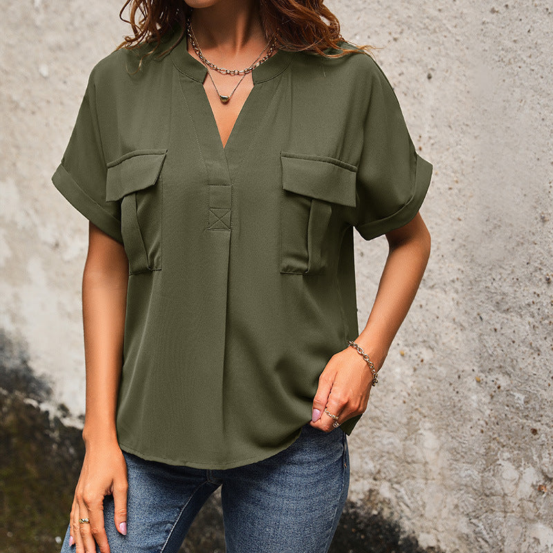 Solid color elegant shirt with V-neck