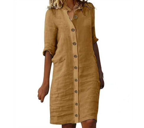 Shirt Dress with Collar and Round Buckle