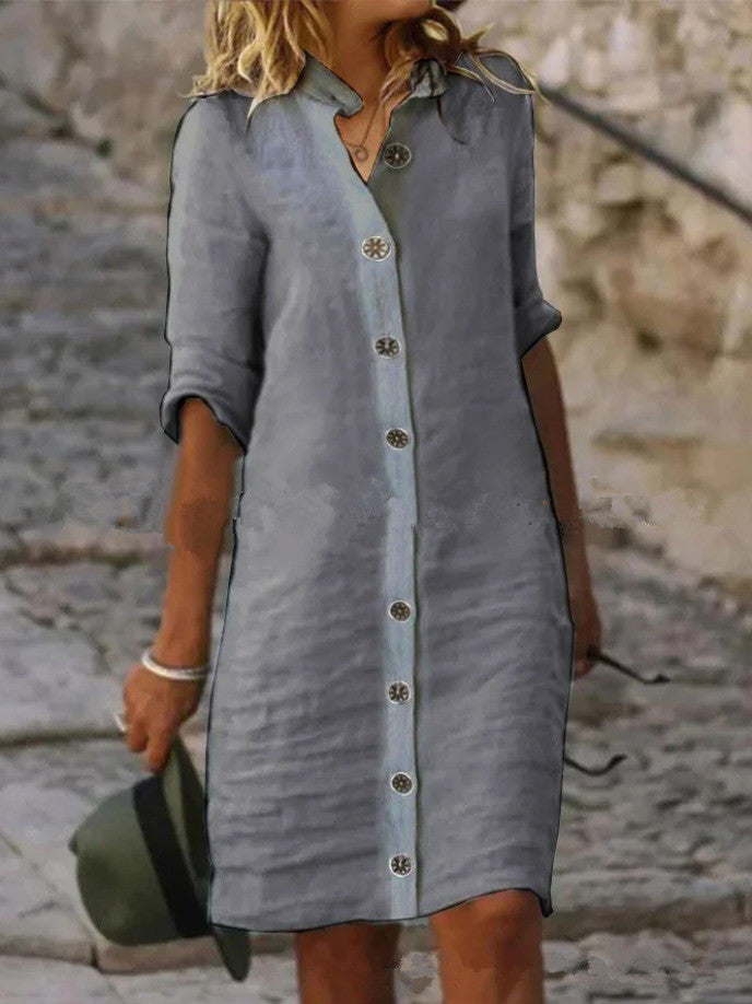 Shirt Dress with Collar and Round Buckle