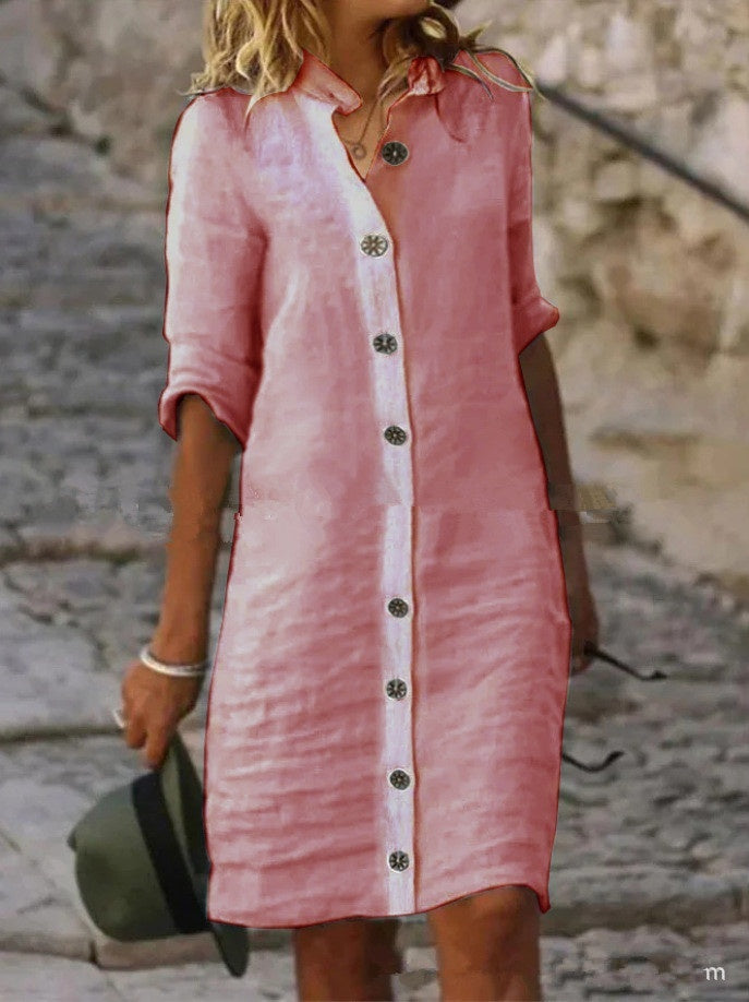 Shirt Dress with Collar and Round Buckle