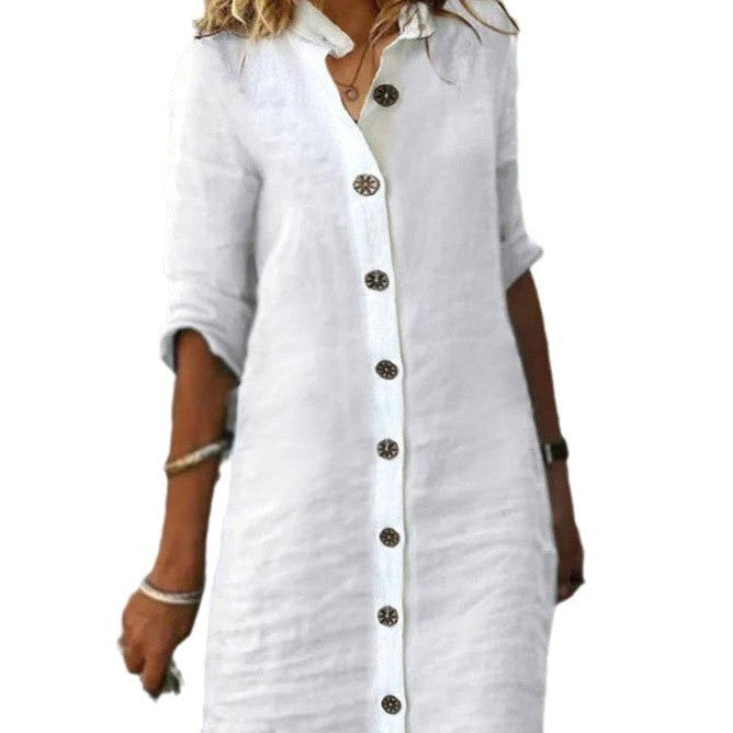 Shirt Dress with Collar and Round Buckle