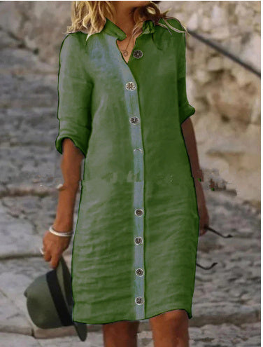 Shirt Dress with Collar and Round Buckle