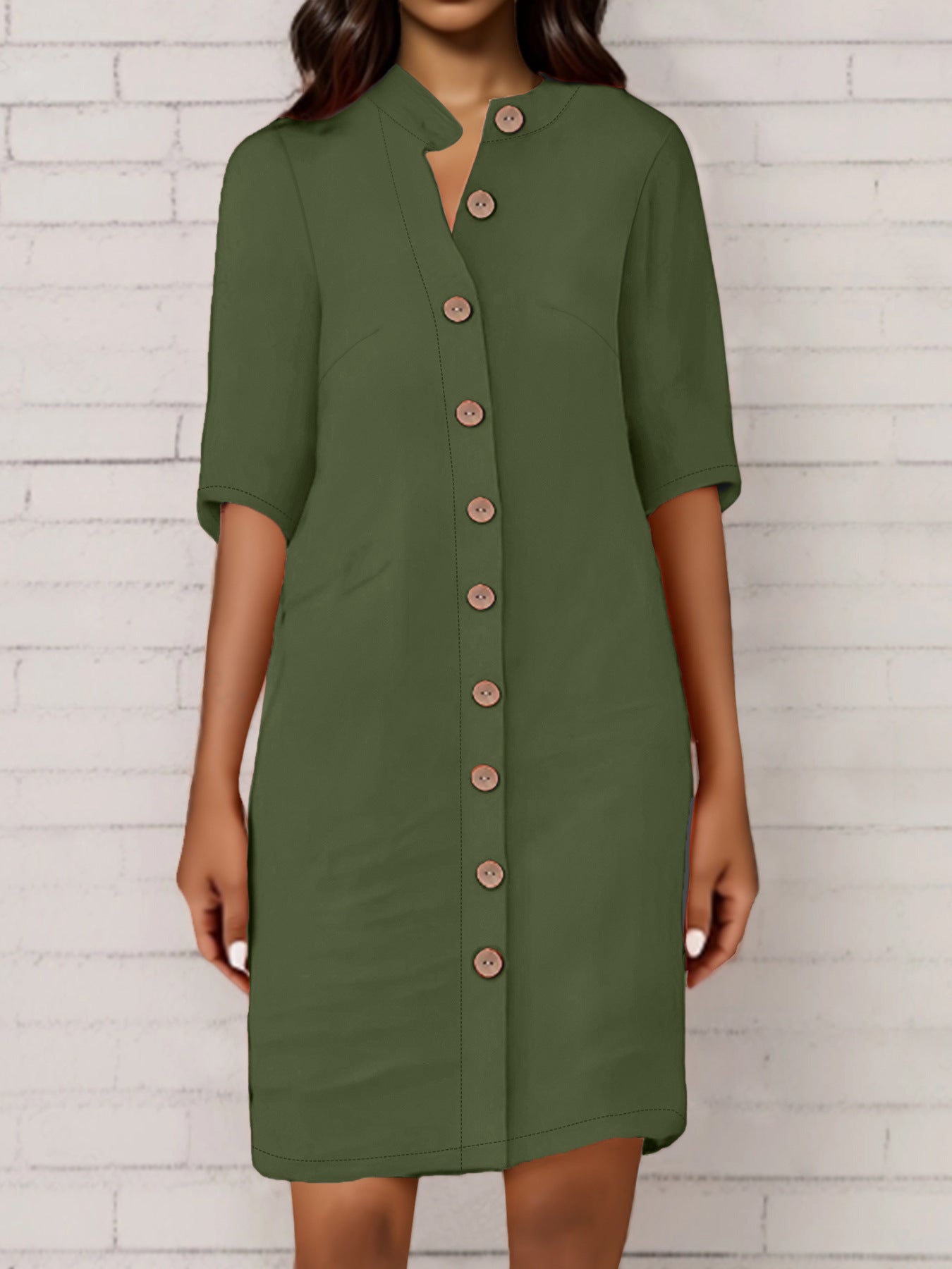 Shirt Dress with Collar and Round Buckle