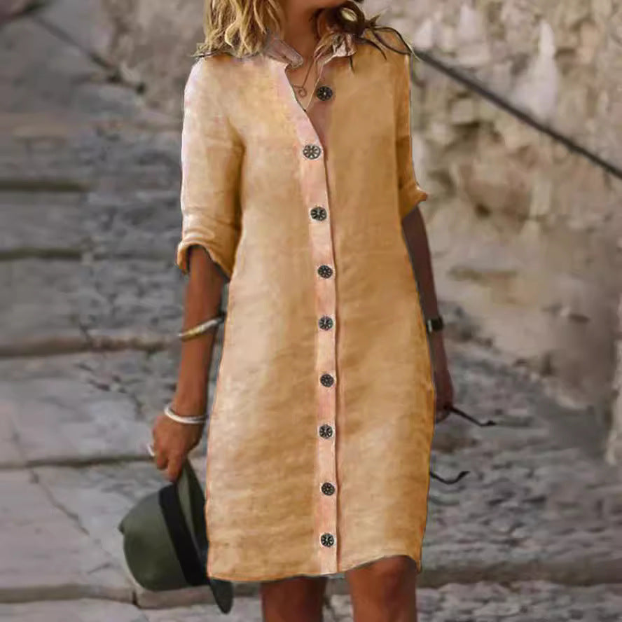 Shirt Dress with Collar and Round Buckle